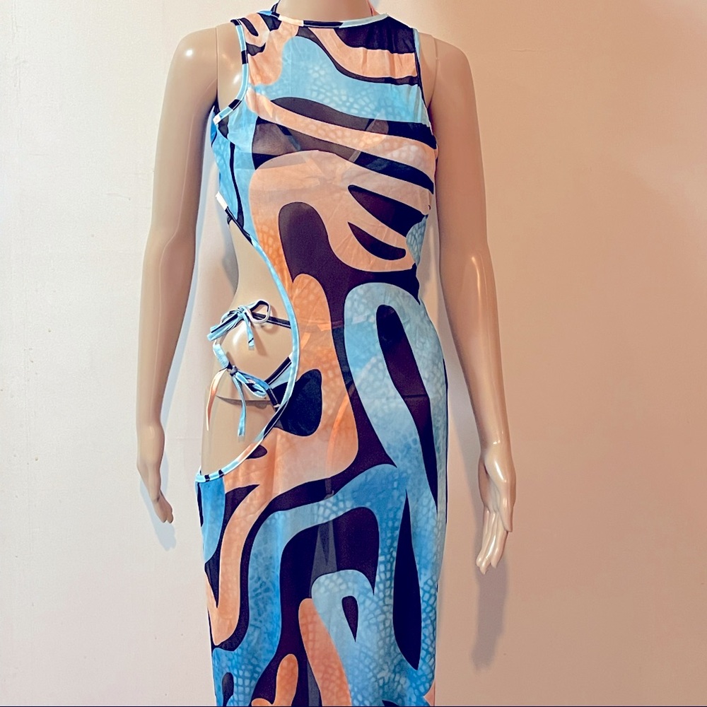 See-through Print Hollow-out Blue Three-piece Swimsuit